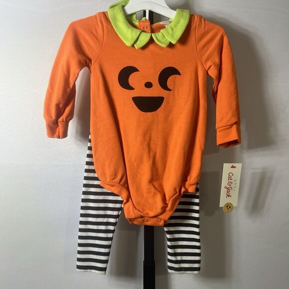 Infant Orange Pumpkin Halloween Bodysuit & Stripe Pants Set Newborn - Picture 3 of 11